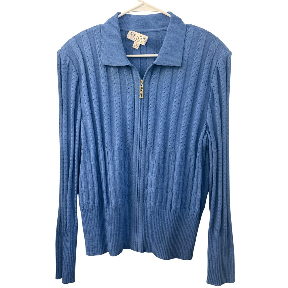 St John Collection Marie Gray Blue Cable Knit Zip Cardigan Sweater Jacket 12